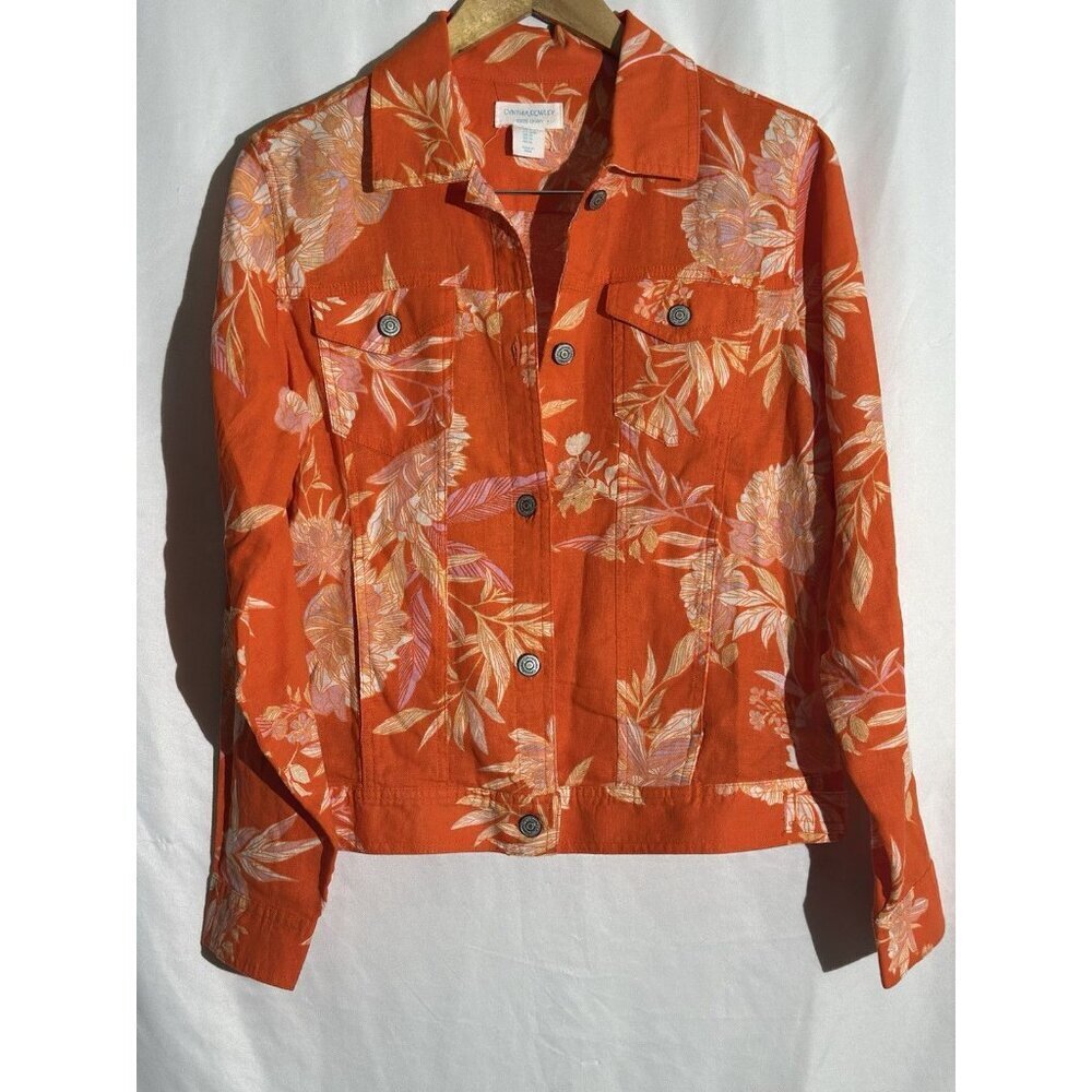 Cynthia Rowley Orange Floral 100% Linen Jacket Sz M Colorful Lightweight Pockets - Picture 2 of 10